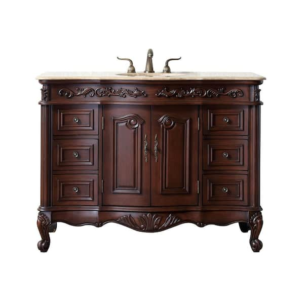 stufurhome Cassandra 48 in. W x 22 in. D x 36 in. H Single Sink Bathroom Vanity in Dark Cherry with Travertine Marble Top