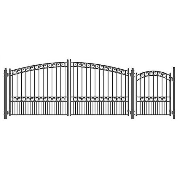 ALEKO 17 ft. x 6 ft. Black Steel Dual Swing Driveway Gate Paris Style 12 ft. with Pedestrian Gate 5 ft. Fence Gate