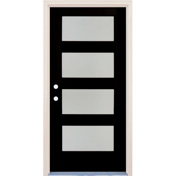 Builders Choice 36 in x 80 in Elite Inkwell RH 4 Lite Satin Etch Glass Contemporary Painted Fiberglass Prehung Front Door w/ Brickmould