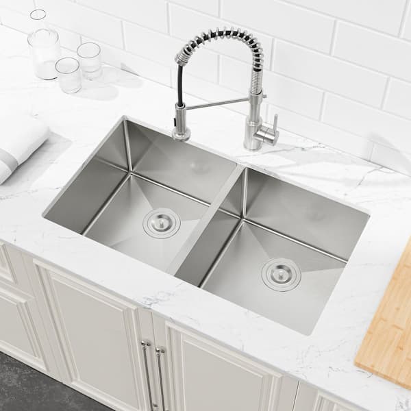 36 in. x 19 in. Brushed Nickel Stainless Steel Double Bowl Overmount Kitchen Sink with US Standard Drain and Hooks