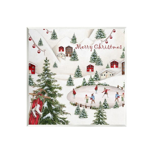 Stupell Industries Christmas Town Ice Skating by Emma Leach 1-Piece Unframed Graphic Print People Poster Art Print 12 in. x 12 in.