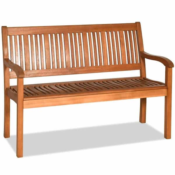 Sudzendf 2-Person Natural Brown Solid Wood Garden Outdoor Bench Curved Backrest and Wide Armrest