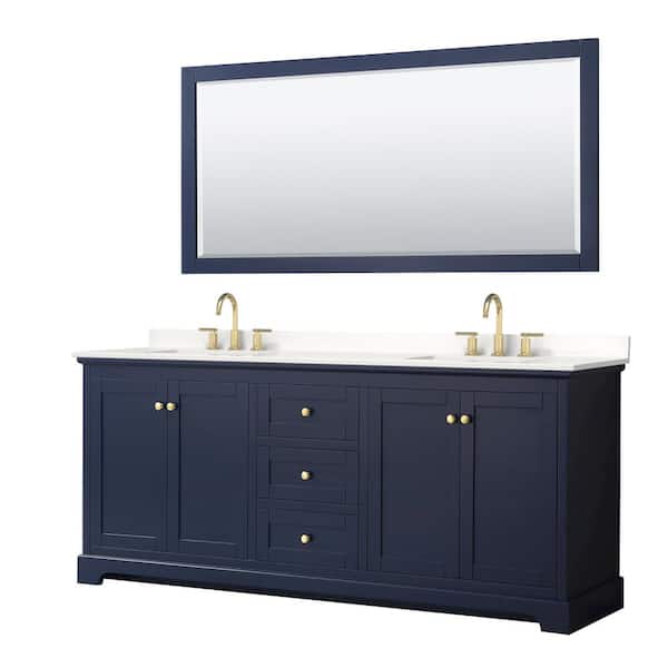 Wyndham Collection Avery 80 in. W x 22 in. D x 35 in. H Double Bath Vanity in Dark Blue with White Quartz Top and 70 in. Mirror