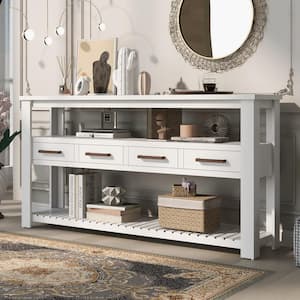 62.2 in. White Rectangle Wood Console Table with 4 Drawers and 2 Shelves