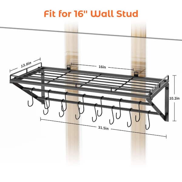 31.5 in. Black Wall Mounted Pot Rack Storage Shelf with 2 Tier Hanging Rails, 14 S Hooks for Pans, Utensils, Cookware