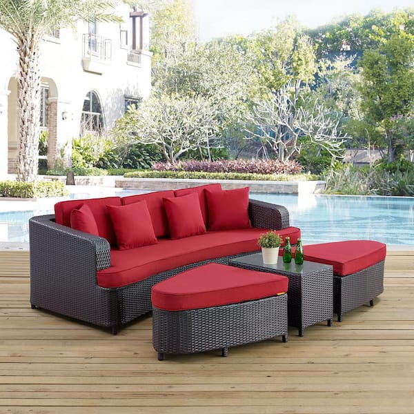 MODWAY Monterey 4-Piece Wicker Patio Conversation Set in Brown with Red Cushions
