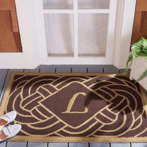 Monogram Chocolate 3 ft. x 4 ft. "L" Ornate Swirl Indoor/Outdoor Area Rug