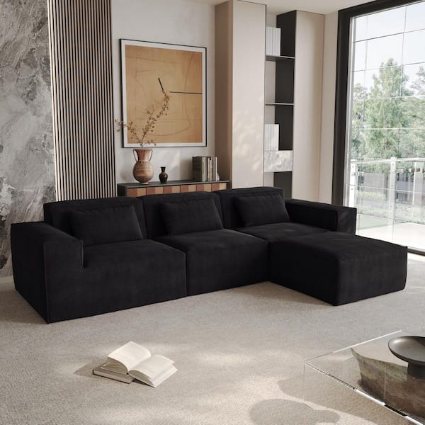 J&E Home 118 in. Square Arm Velvet Fabric L-Shaped Modular Sofa in Black with Ottoman