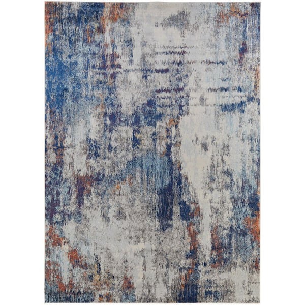 Ivory,  Blue  10 ft. x 14 ft. Loomed Abstract Polypropylene Indoor Area Rug