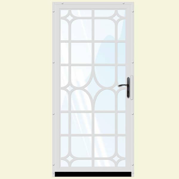 Unique Home Designs 36 in. x 80 in. Lexington White Surface Mount Steel Security Door with Shatter-Resistant Glass and Bronze Hardware