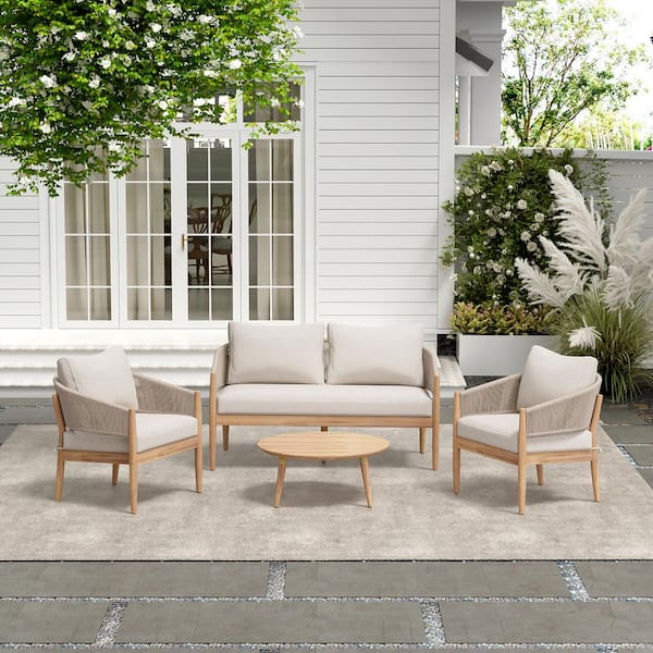 Tina Outdoor 4-Piece Solid Wood and Rope Weave Patio Conversation Set with Beige Cushions, Natural+Light Brown