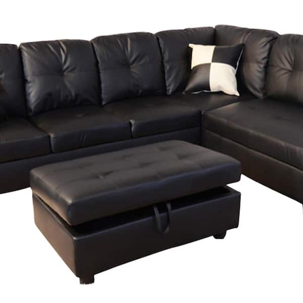 Star Home Living Black Faux Leather 3, Black Leather Couch With Ottoman Bed