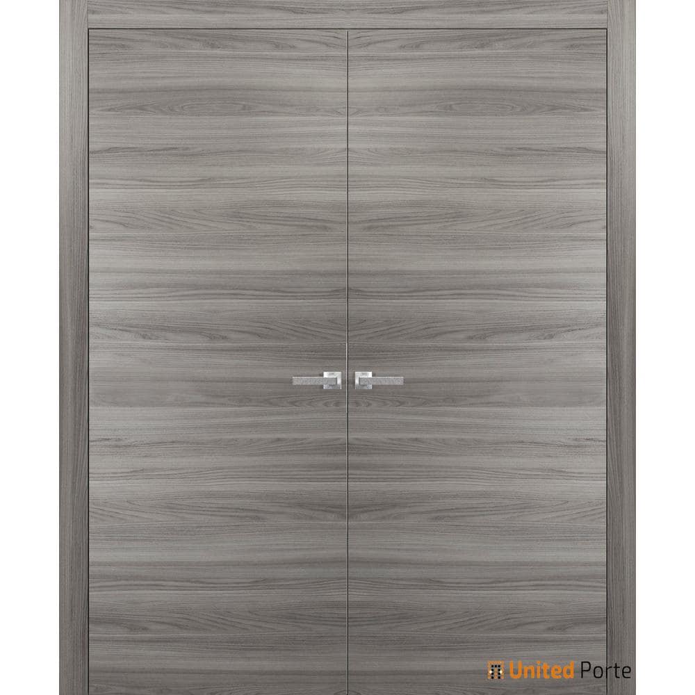 Modern Matte Grey Solid Wood French Double Doors, 80 x 64 Inch