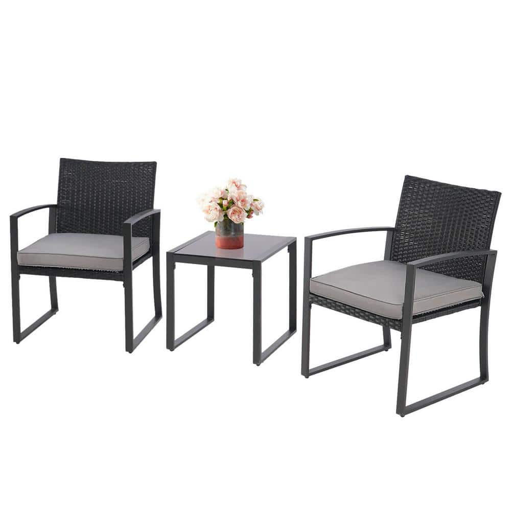 Suncrown Black 3-Piece Wicker Outdoor Bistro Set with Gray Cushion HD ...