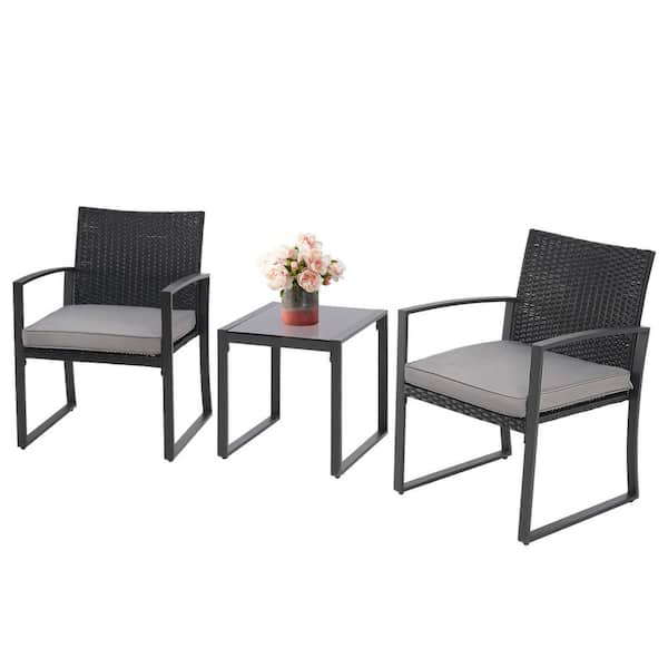 Suncrown Black 3-Piece Wicker Outdoor Bistro Set with Gray Cushion