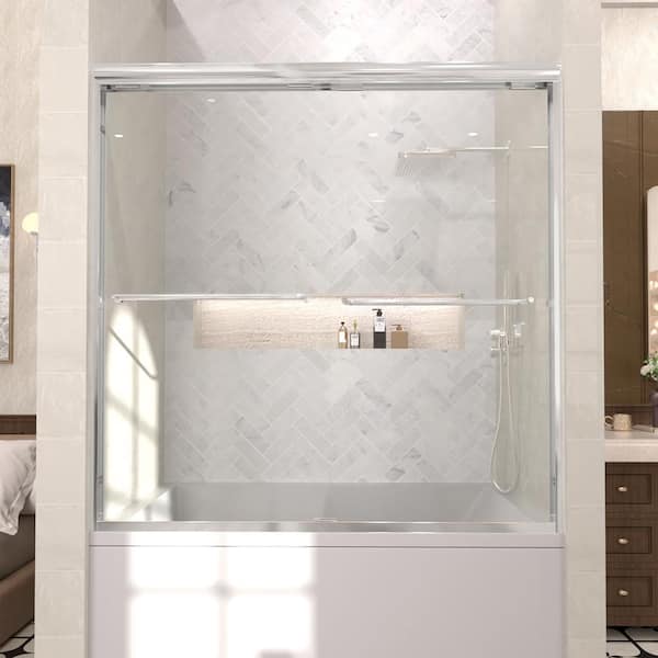 Hermitage Bath Orvis 60 in. W x 56 in. H Sliding Semi Frameless Tub Door in Chrome Finish with Clear Glass