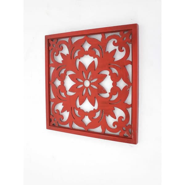 HomeRoots 24 in. x 24 in. Red Vintage Floral Wall Plaque Wall Art 1-Piece