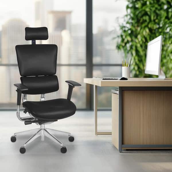 Leather Ergonomic Executive Office Chair in Black with Adjustable Arms