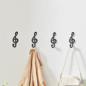 4 Piece Dark Brown Cast Iron Musical Note Treble Clef Decorative Wall Sculpture Figure Utility Hook Set