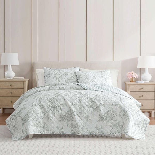 Vine Flora 3-Piece Light Sage Green Cotton Percale Full/Queen Quilt Set