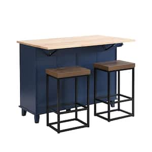 50.3 in. W 3-Piece Farmhouse Blue Wood Top Kitchen Island Set Seats 2