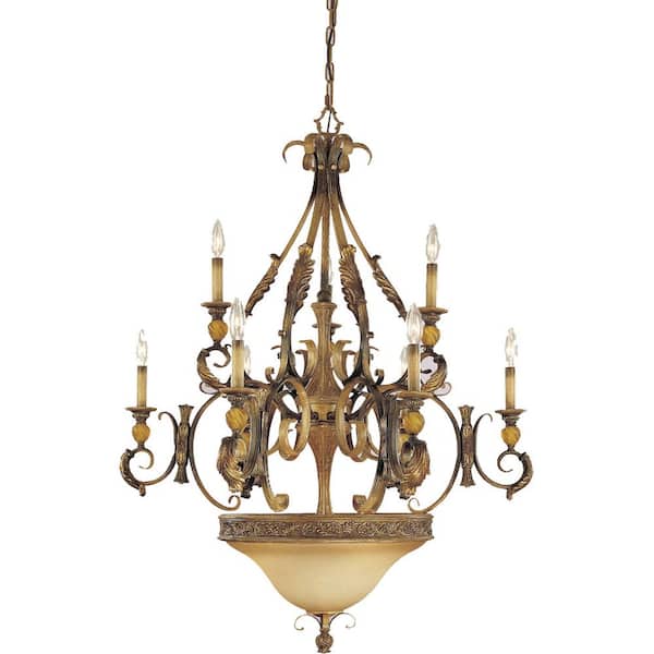 Volume Lighting Venetian Collection 12-Light Indoor Heirloom Umber Hanging Chandelier with Champagne Glass Bowl Shade