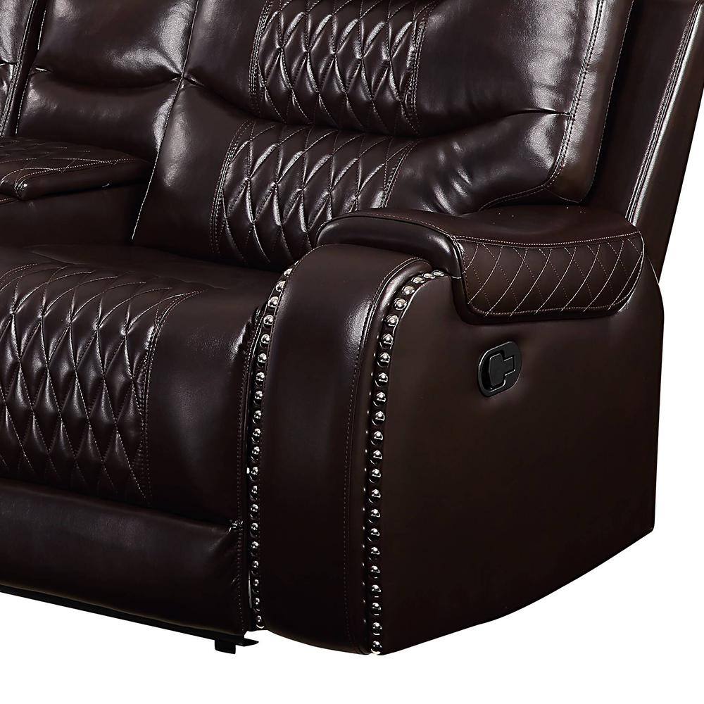 78" Brown Tufted Faux Leather Loveseat with Cup Holders