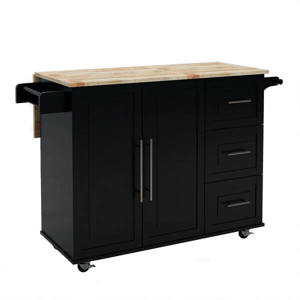 Tileon Black Kitchen Island with Spice Rack & Towel Rack, MDF Kitchen