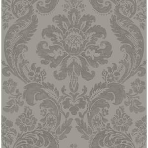 Isleton, Grey Shadow Flocked Damask Paper Strippable Wallpaper Roll (Covers 56.4 sq. ft.)