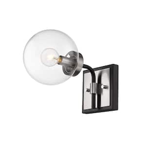 1-Light Matte Black and Brushed Nickel Wall Sconce with Clear Glass Shade