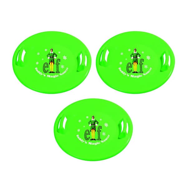 Slippery Racer Downhill Pro Buddy The Elf Saucer Disc Snow Sled, Green (3-Pack)