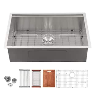 32 in. Undermount Sink Single Bowl Workstation Sink 16 Gauge Brushed Stainless Steel Kitchen Sink with Accessories