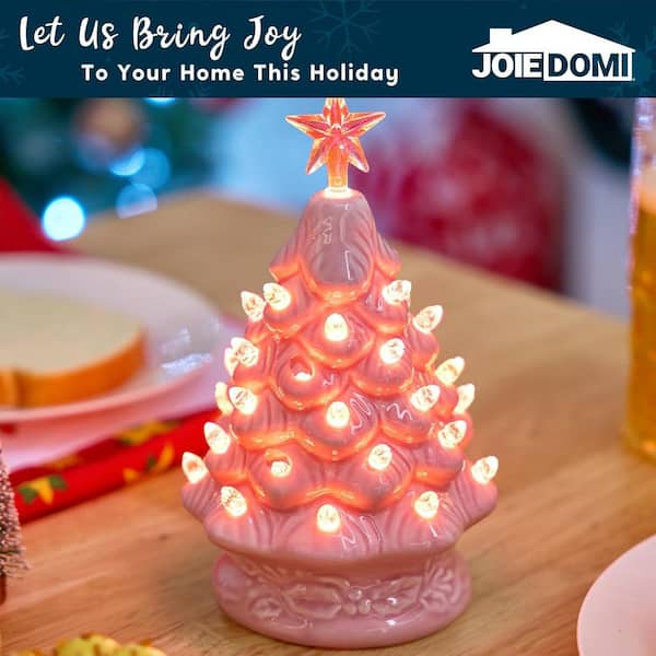 7 in. Pink Ceramic Christmas Tree, Prelit Tabletop Christmas Tree with Extra Clear Top Star & Bulbs