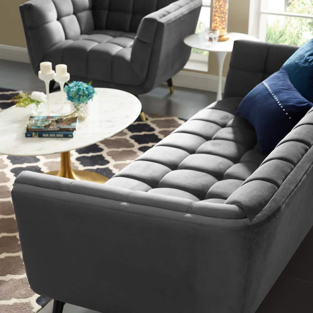 Black Velvet Tufted Sofa with Flared Arms, 90"
