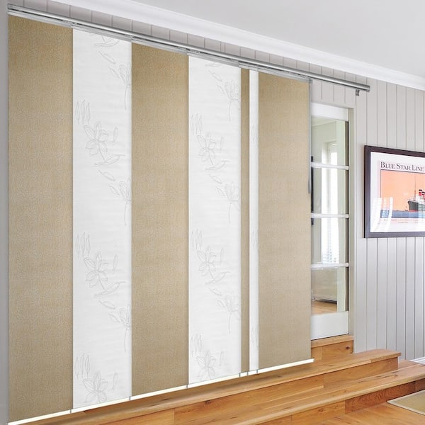 EMOH Sandy Blossom 110 in. - 153 in. W x 94 in. L Adjustable Light Filtering 7-Panel White Panel Track with 23.5 in. Slates
