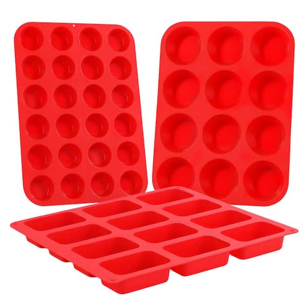 3-in-1 Silicone Muffin Pan Set Nonstick Food Grade 24-Piece Mini 12-Piece Regular 12-Cavity Mini Loaf Mold