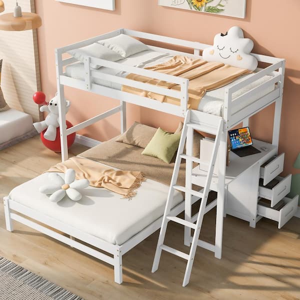 Harper & Bright Designs White Twin over Full Wooden Bunk Bed with Built-in Desk, 3-Drawers and Ladder