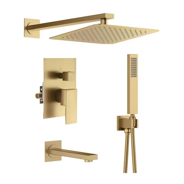 2-Handle 1-Spray Shower Faucet 1.8 GPM with Pressure Balance, Corrosion Resistant Wall Mount in Brushed Brass