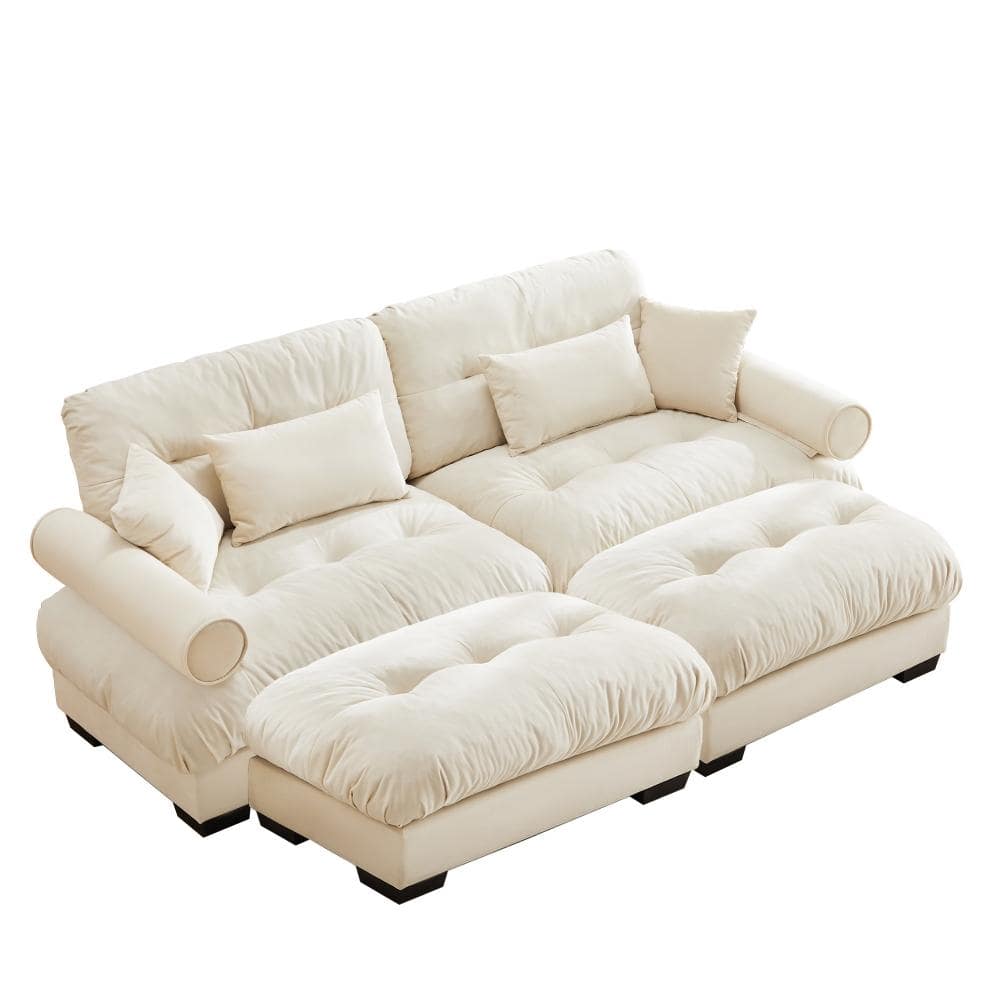 Modern Collection 72 in. Wide Round Bolster Arm Velvet Two-Seater Sofa with Ottoman and Pillows in Cream