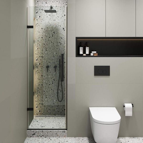 FINE FIXTURES 24 in. W x 74.25 in. H Pivot Hinged Frameless Shower Door in Black Finish with Tempered Glass
