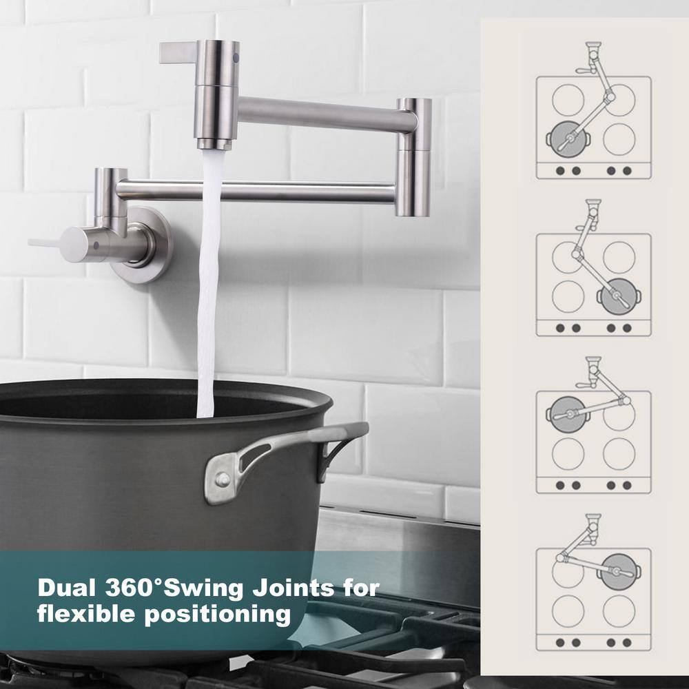 Brushed Nickel Double Handle Wall Mounted Pot Filler Faucet