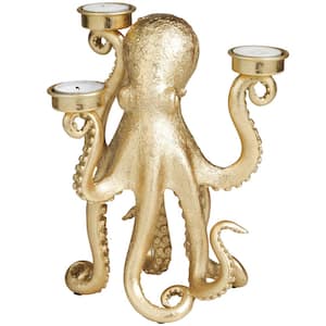 9 in. Gold Polystone Textured Octopus Candelabra with Tentacle Candle Slots