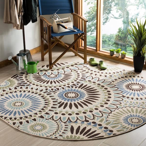 Veranda Cream/Blue 7 ft. x 7 ft. Round Floral Indoor/Outdoor Patio  Area Rug