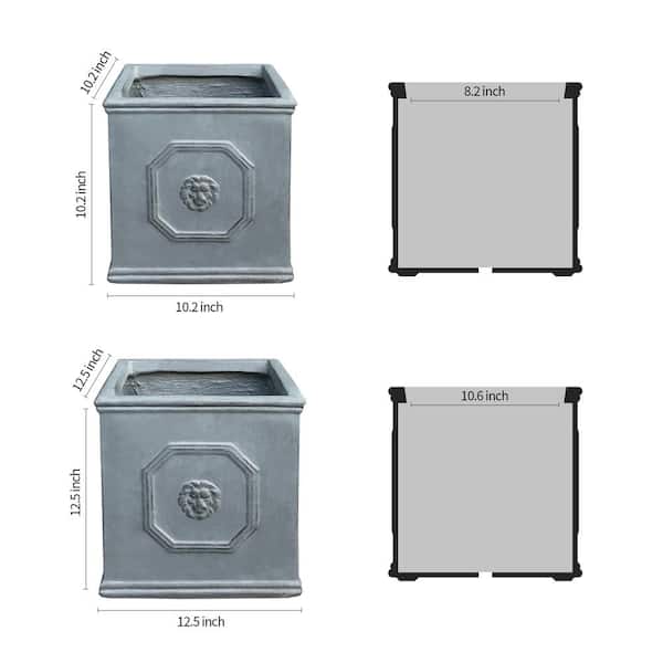 Kante 12.5 in. and 10.2 in.H Square Antique Gray Lightweight Classic English Style Lion Head Planters (Set of 2)