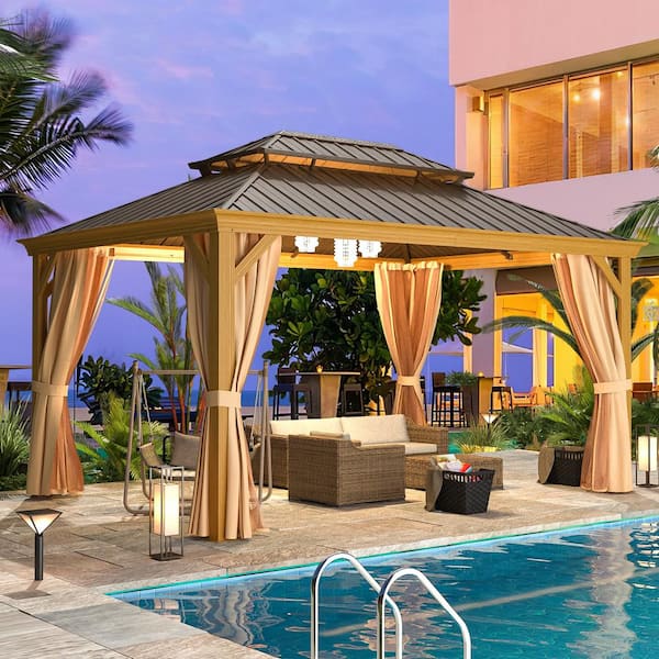 Unbranded 10 ft. x 14 ft. Wooden Finish Coated Aluminum Frame Gazebo with Double Roof, Curtains and Nettings Included