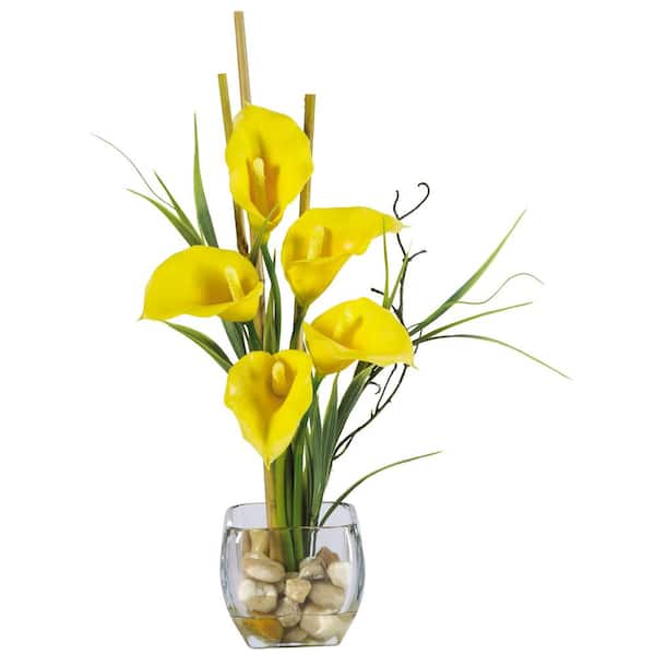 Nearly Natural 18 in. Artificial Calla Lilly Liquid Illusion Silk Flower Arrangement in Yellow