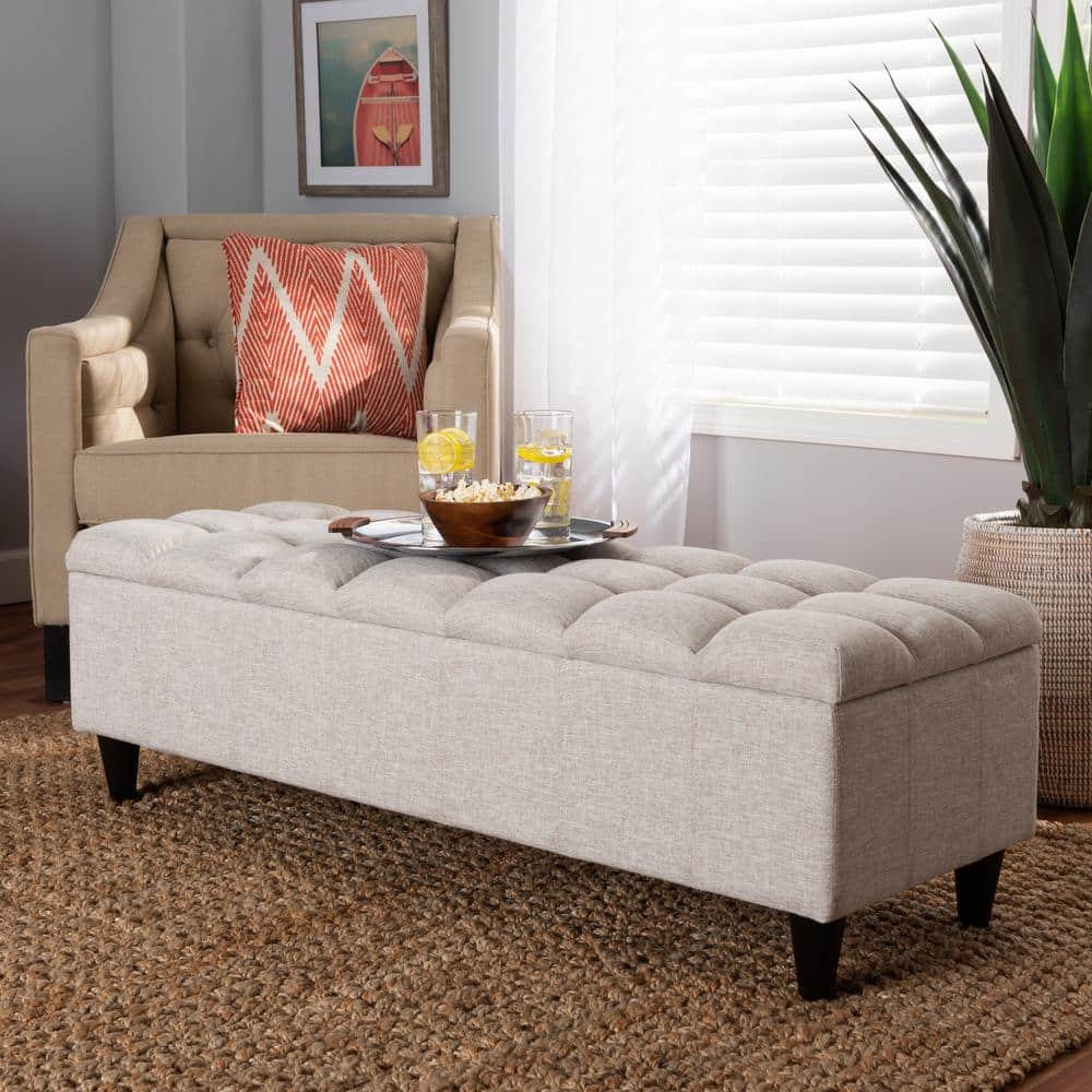 Beige Tufted Fabric Storage Bench with Dark Wood Legs