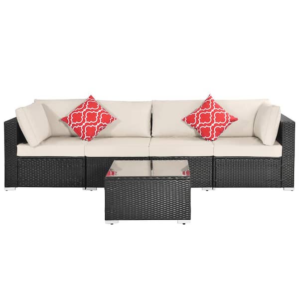 Tunearary 5-Piece Wicker Outdoor Patio Furniture Conversation Sectional Sofa Set with 2 Pillows Beige Cushioned and Coffee Table