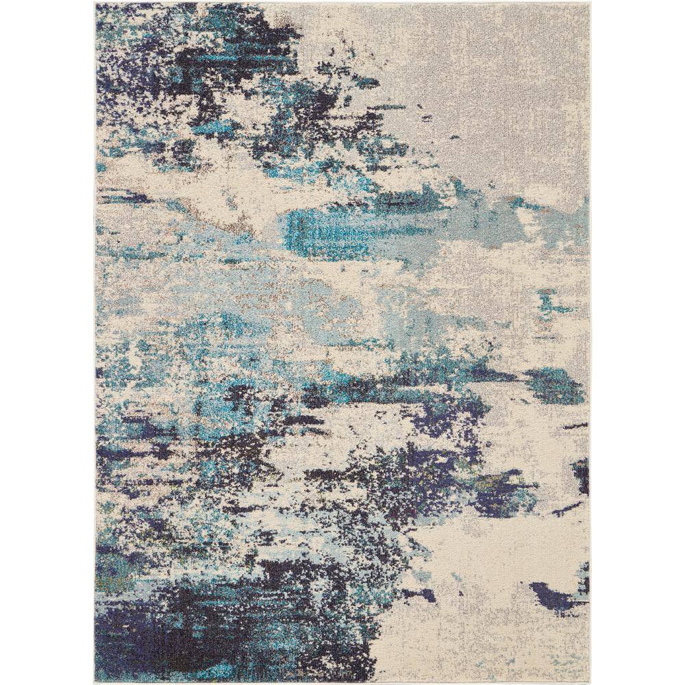 Abstract Blue and White Synthetic 5' x 7' Stain-Resistant Rug