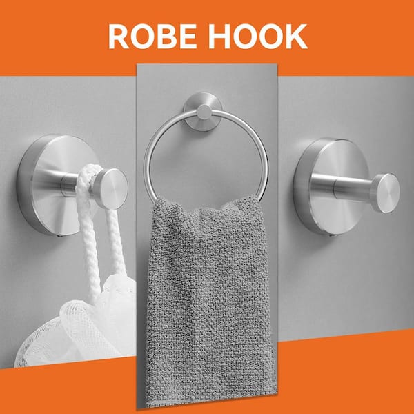 3-Piece Bath Hardware Set Towel Ring and 2-Piece Towel Hooks and Mounting Hardware Wall Mount Modern in Brushed Nickel